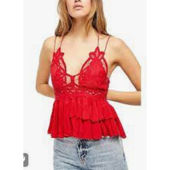 Free People FP Adella Cami Red Crochet Small Strappy Smocked Tiered - Picture 1 of 6